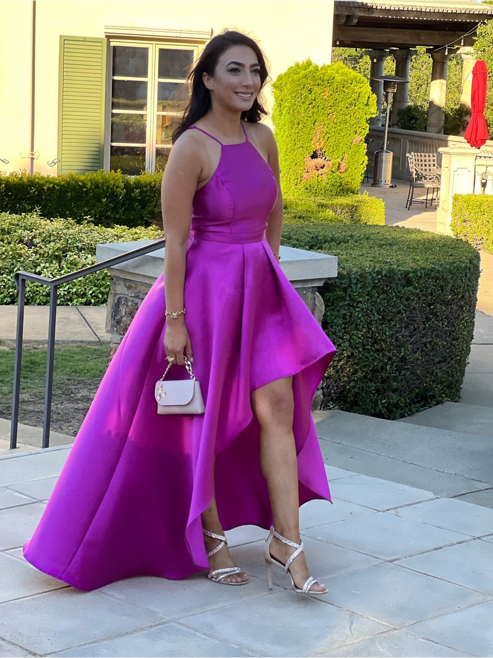 Elegant Fuchsia High-Low Satin Evening Dress